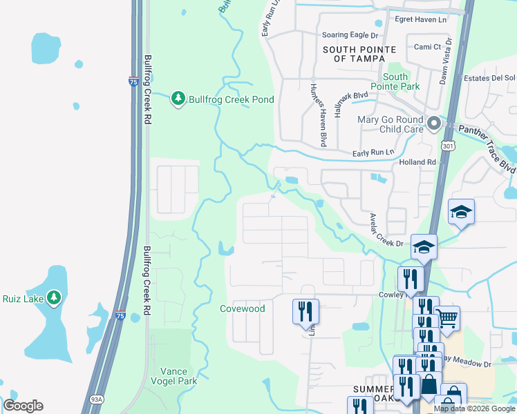 map of restaurants, bars, coffee shops, grocery stores, and more near 12608 Lemon Pepper Drive in Riverview