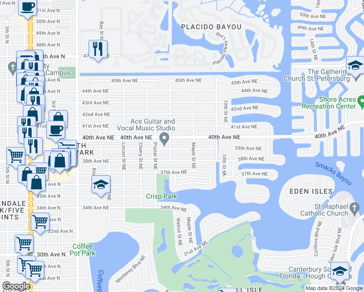 map of restaurants, bars, coffee shops, grocery stores, and more near 747 39th Avenue Northeast in Saint Petersburg