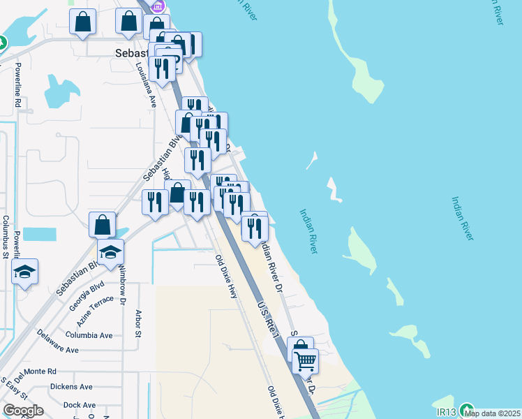 map of restaurants, bars, coffee shops, grocery stores, and more near 516 Indian River Drive in Sebastian