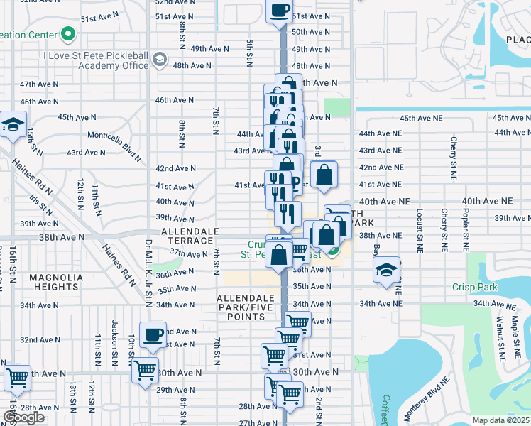 map of restaurants, bars, coffee shops, grocery stores, and more near 434 40th Avenue North in St. Petersburg