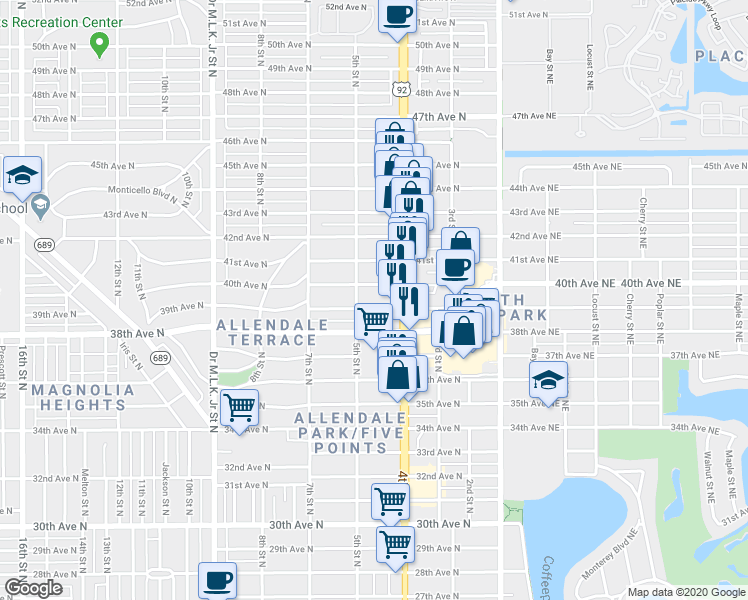 map of restaurants, bars, coffee shops, grocery stores, and more near 434 40th Avenue North in St. Petersburg
