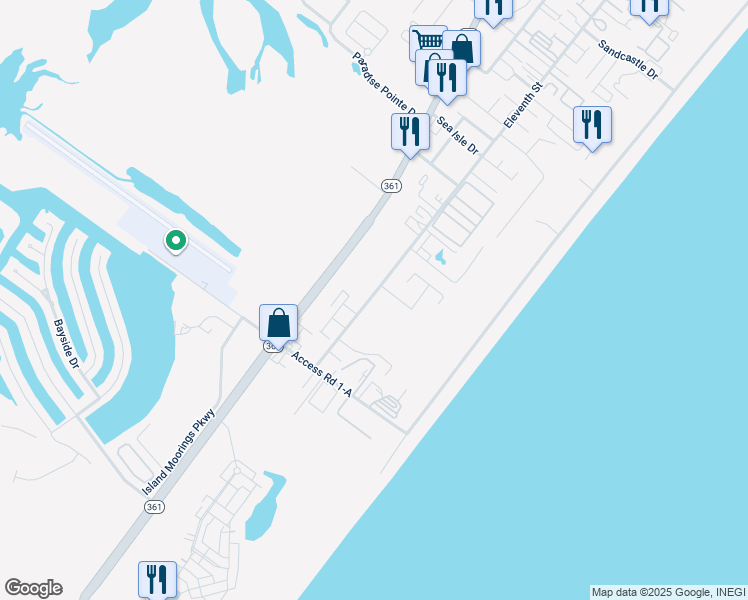 map of restaurants, bars, coffee shops, grocery stores, and more near 604 Sandy Lane in Port Aransas
