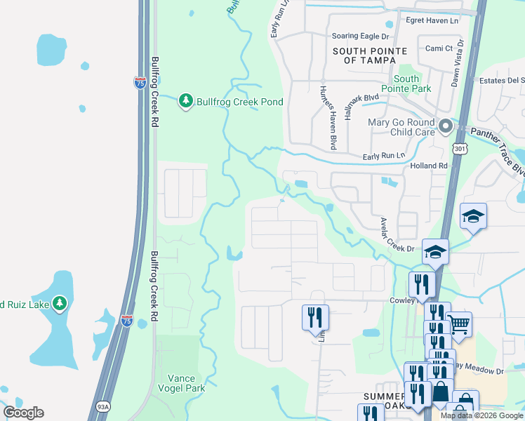 map of restaurants, bars, coffee shops, grocery stores, and more near 12612 Lemon Pepper Drive in Riverview