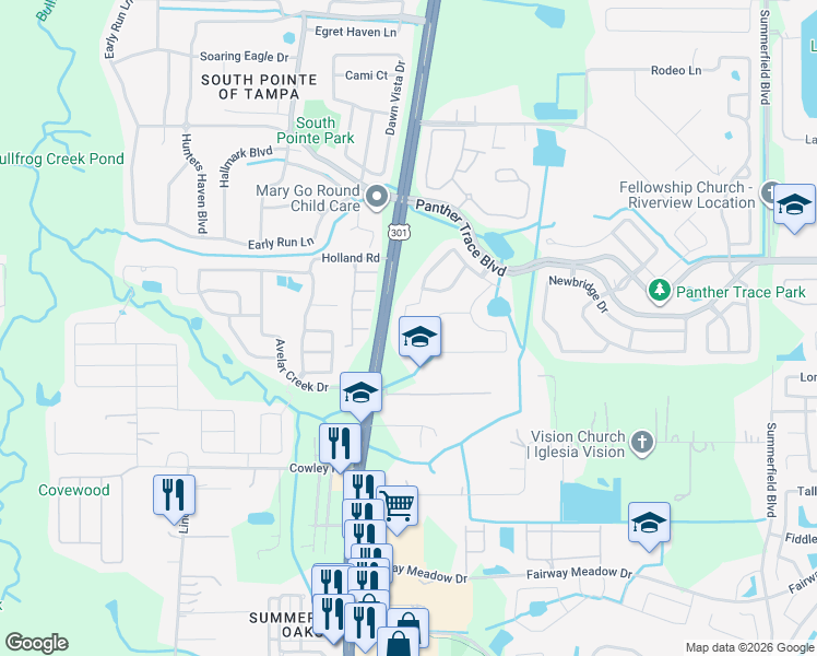 map of restaurants, bars, coffee shops, grocery stores, and more near 10613 Navigation Drive in Riverview