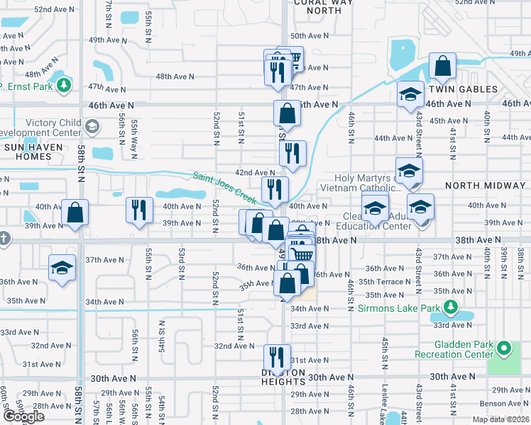 map of restaurants, bars, coffee shops, grocery stores, and more near 4936 40th Avenue North in Saint Petersburg