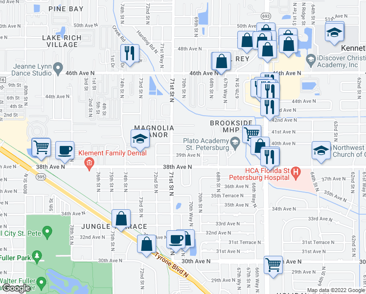 map of restaurants, bars, coffee shops, grocery stores, and more near 6997 40th Avenue North in St. Petersburg