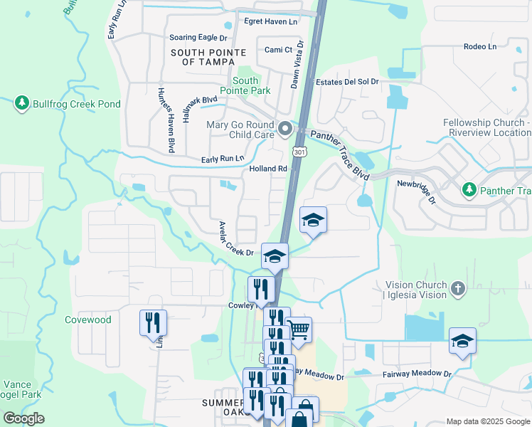 map of restaurants, bars, coffee shops, grocery stores, and more near 12717 Lexington Ridge Street in Riverview