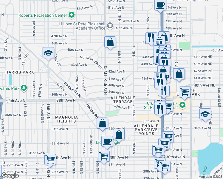map of restaurants, bars, coffee shops, grocery stores, and more near 850 40th Avenue North in St. Petersburg