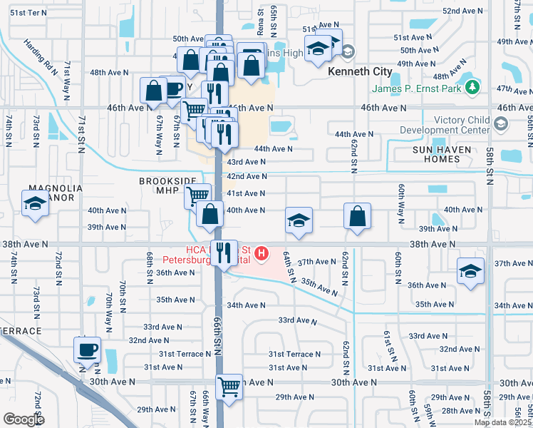 map of restaurants, bars, coffee shops, grocery stores, and more near 6415 40th Avenue North in St. Petersburg