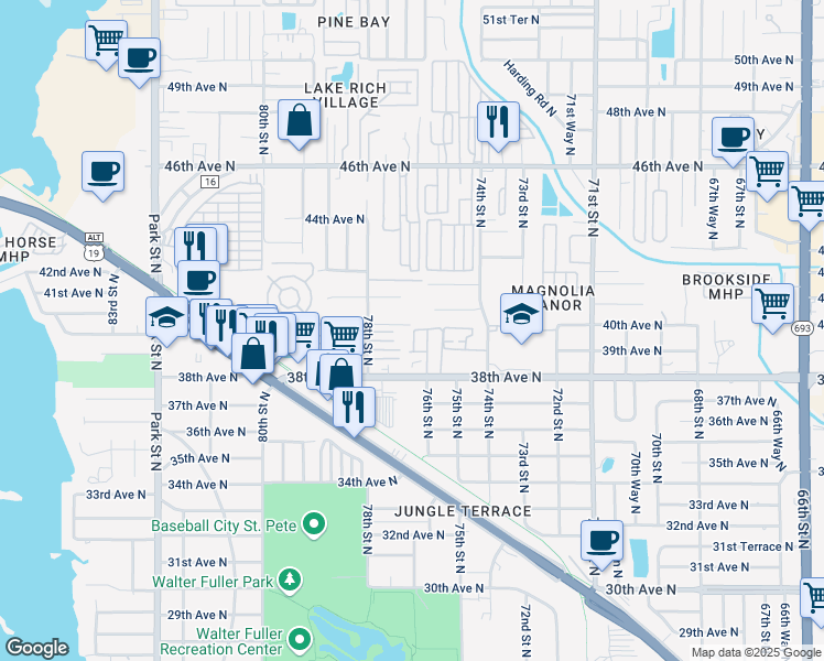 map of restaurants, bars, coffee shops, grocery stores, and more near 7639 40th Avenue North in St. Petersburg