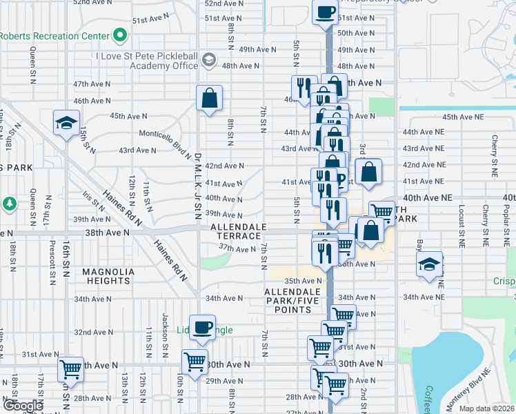 map of restaurants, bars, coffee shops, grocery stores, and more near 701 39th Avenue North in St. Petersburg