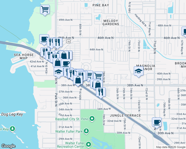map of restaurants, bars, coffee shops, grocery stores, and more near 7868 40th Avenue North in Saint Petersburg