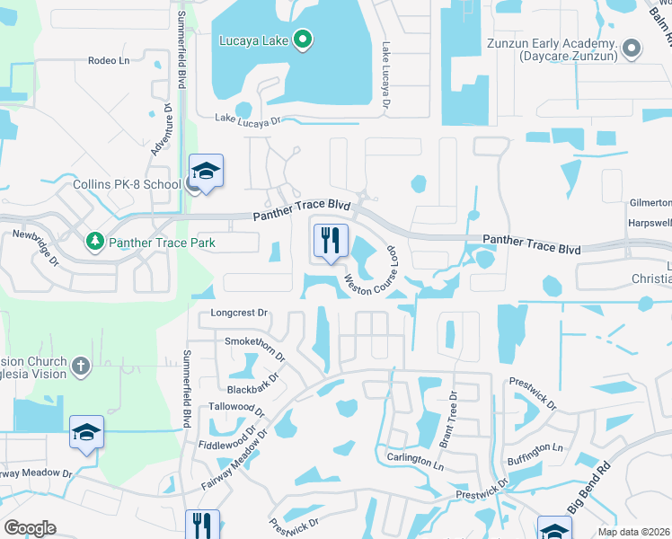map of restaurants, bars, coffee shops, grocery stores, and more near 11477 Weston Course Loop in Riverview