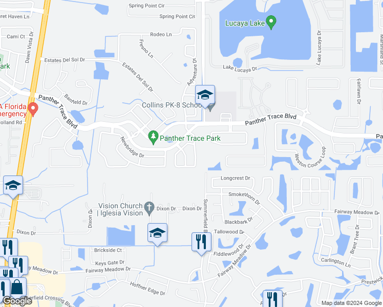 map of restaurants, bars, coffee shops, grocery stores, and more near 12631 Adventure Drive in Riverview