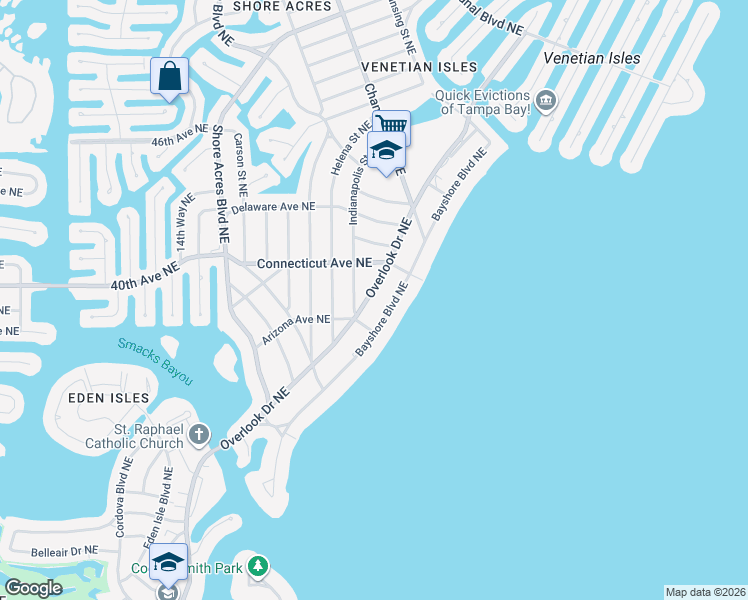 map of restaurants, bars, coffee shops, grocery stores, and more near 3947 Overlook Drive Northeast in St. Petersburg
