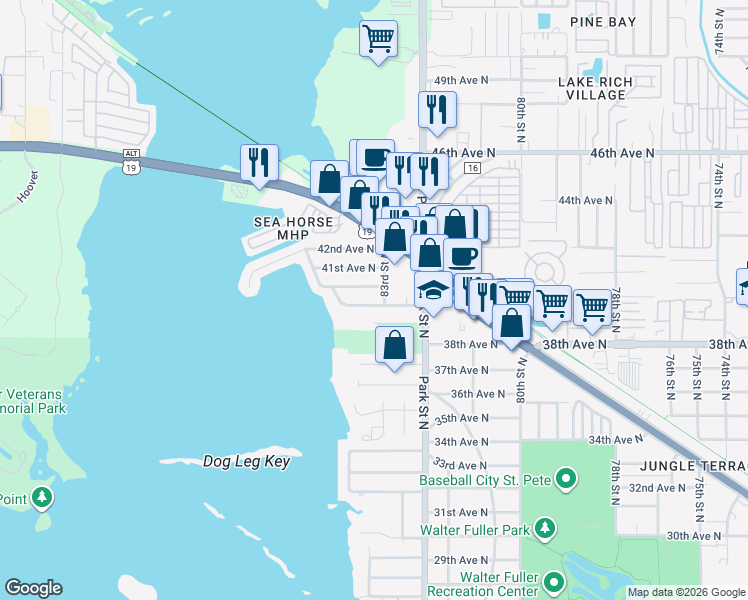 map of restaurants, bars, coffee shops, grocery stores, and more near 8311 40th Avenue North in Saint Petersburg