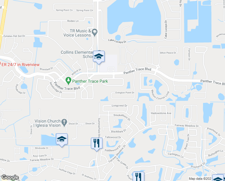 map of restaurants, bars, coffee shops, grocery stores, and more near 12724 Evington Point Drive in Riverview