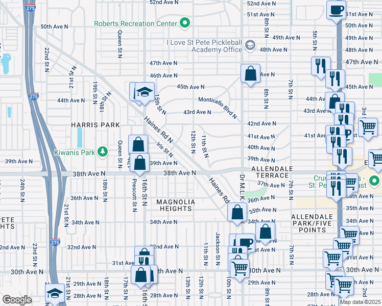 map of restaurants, bars, coffee shops, grocery stores, and more near 3911 Haines Road North in St. Petersburg