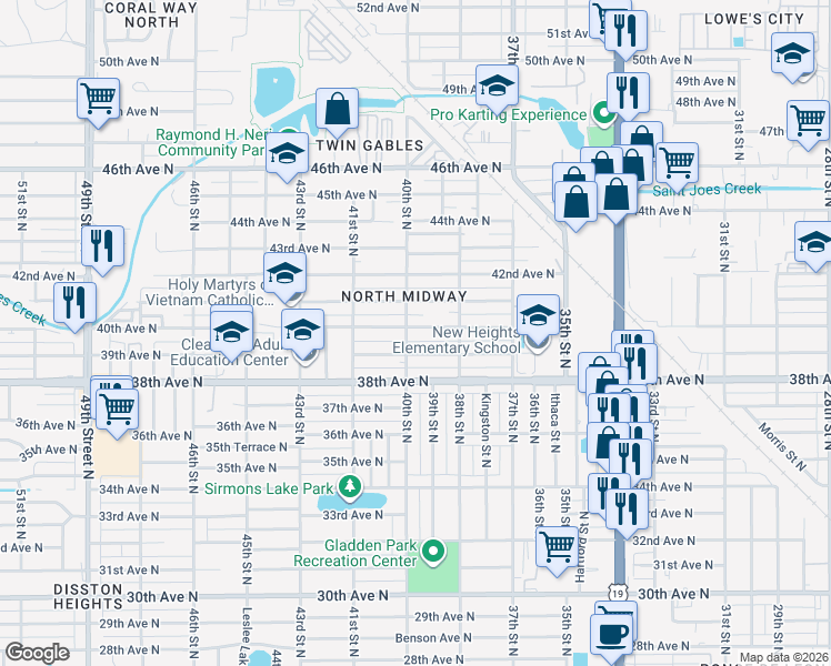 map of restaurants, bars, coffee shops, grocery stores, and more near 3949 40th Avenue North in St. Petersburg