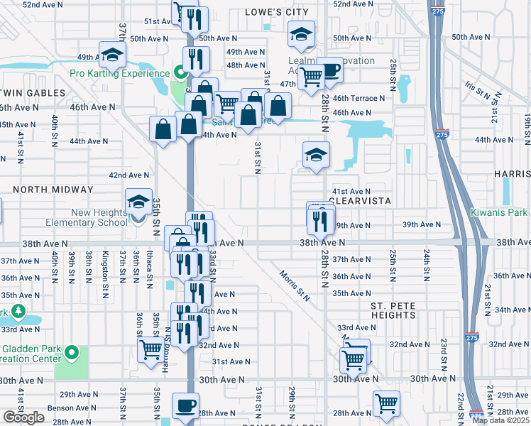 map of restaurants, bars, coffee shops, grocery stores, and more near 3032 40th Avenue North in St. Petersburg