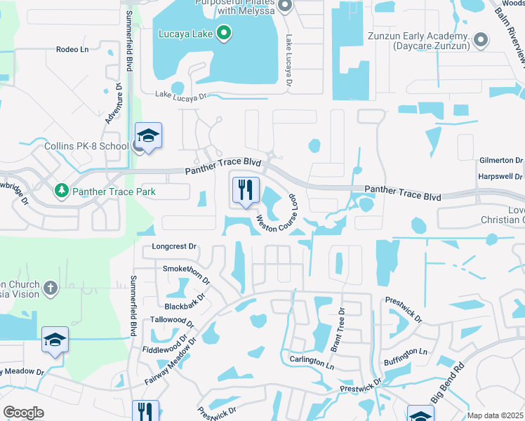map of restaurants, bars, coffee shops, grocery stores, and more near 11504 Weston Course Loop in Riverview