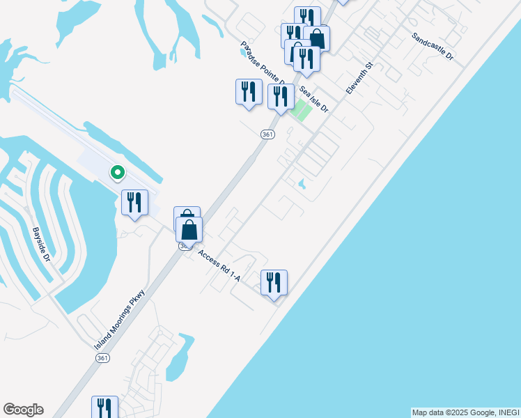 map of restaurants, bars, coffee shops, grocery stores, and more near 604 Sandy Lane in Port Aransas