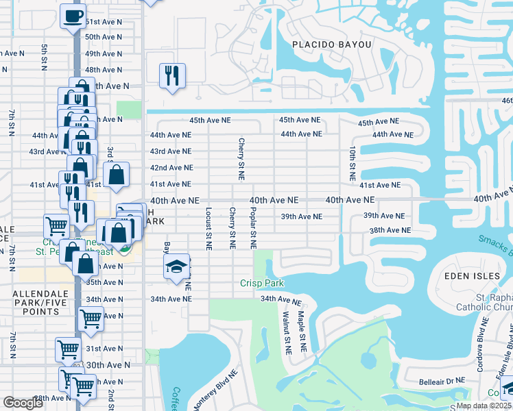 map of restaurants, bars, coffee shops, grocery stores, and more near 606 40th Avenue Northeast in St. Petersburg