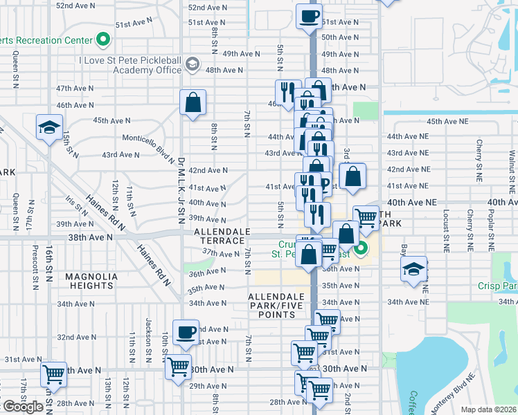 map of restaurants, bars, coffee shops, grocery stores, and more near 4001 7th Street North in St. Petersburg