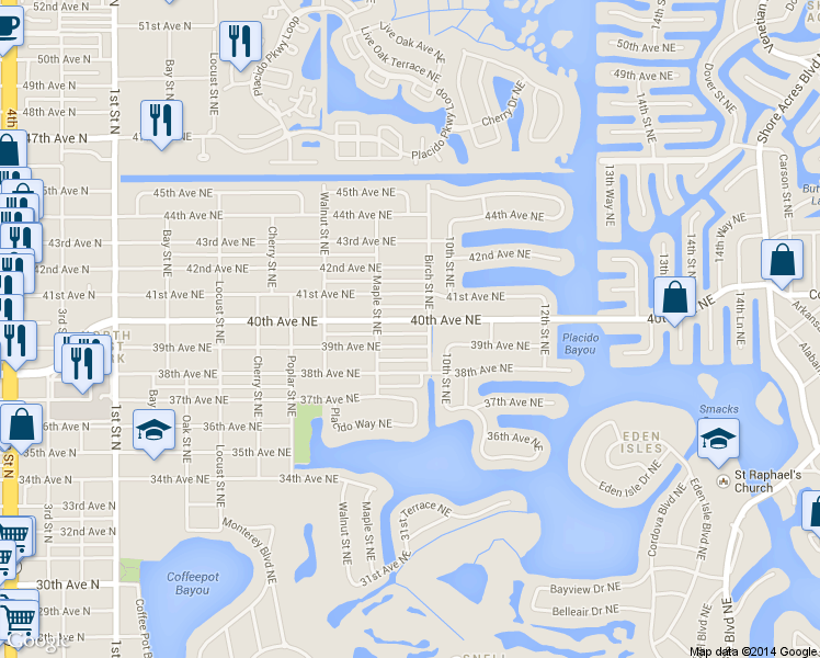 map of restaurants, bars, coffee shops, grocery stores, and more near 910 40th Avenue Northeast in St. Petersburg