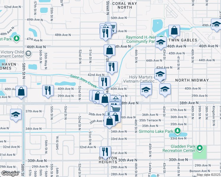 map of restaurants, bars, coffee shops, grocery stores, and more near 59 40th Avenue North in St. Petersburg