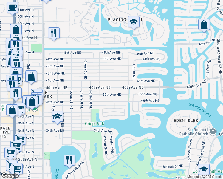 map of restaurants, bars, coffee shops, grocery stores, and more near 774 40th Avenue Northeast in St. Petersburg