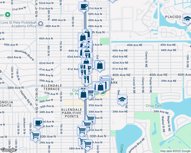 map of restaurants, bars, coffee shops, grocery stores, and more near 203 38th Avenue North in St. Petersburg