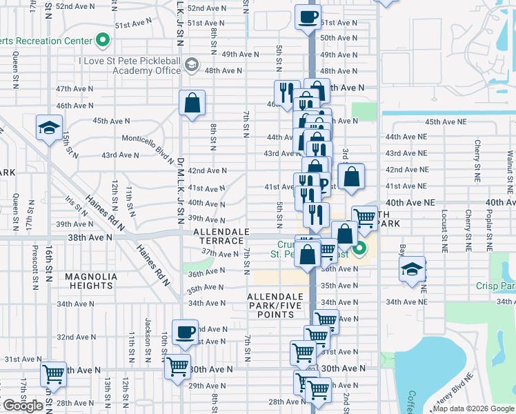 map of restaurants, bars, coffee shops, grocery stores, and more near 4001 7th Street North in St. Petersburg