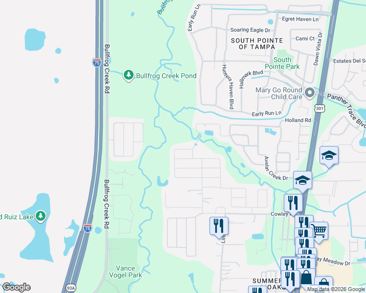 map of restaurants, bars, coffee shops, grocery stores, and more near 12619 Lemon Pepper Drive in Riverview