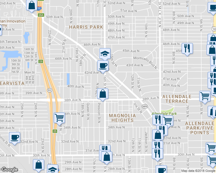 map of restaurants, bars, coffee shops, grocery stores, and more near 1529 40th Avenue North in St. Petersburg