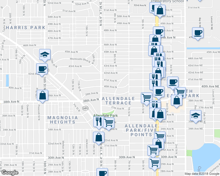 map of restaurants, bars, coffee shops, grocery stores, and more near 842 40th Avenue North in Saint Petersburg