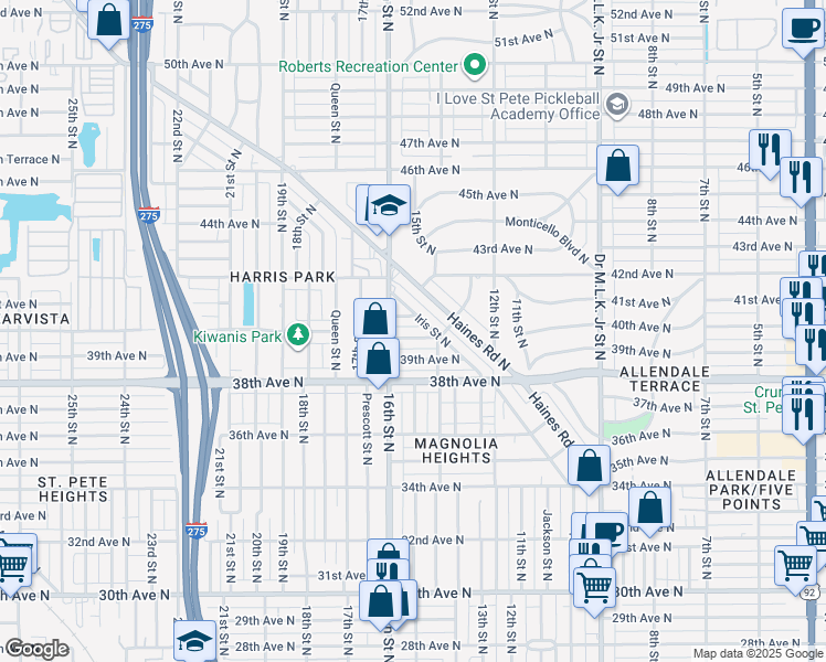 map of restaurants, bars, coffee shops, grocery stores, and more near 1529 40th Avenue North in St. Petersburg