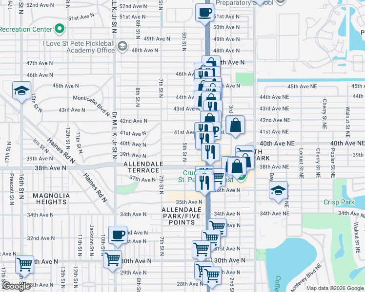 map of restaurants, bars, coffee shops, grocery stores, and more near 500 40th Avenue North in St. Petersburg