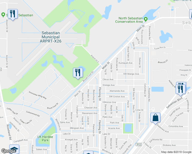 map of restaurants, bars, coffee shops, grocery stores, and more near 261 Main Street in Sebastian