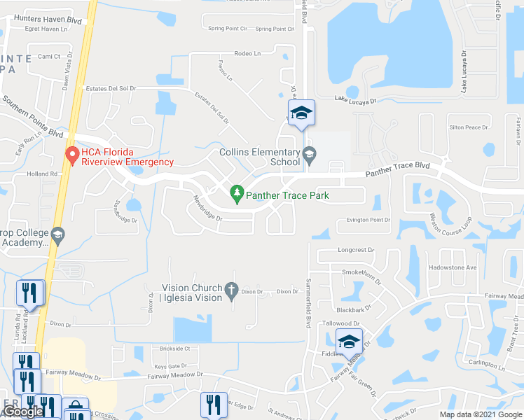 map of restaurants, bars, coffee shops, grocery stores, and more near 11105 Panther Trace Boulevard in Riverview