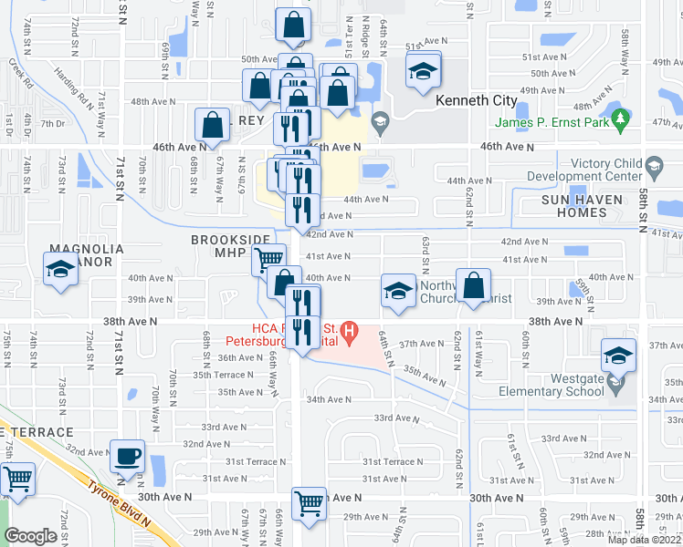 map of restaurants, bars, coffee shops, grocery stores, and more near 6485 40th Avenue North in St. Petersburg