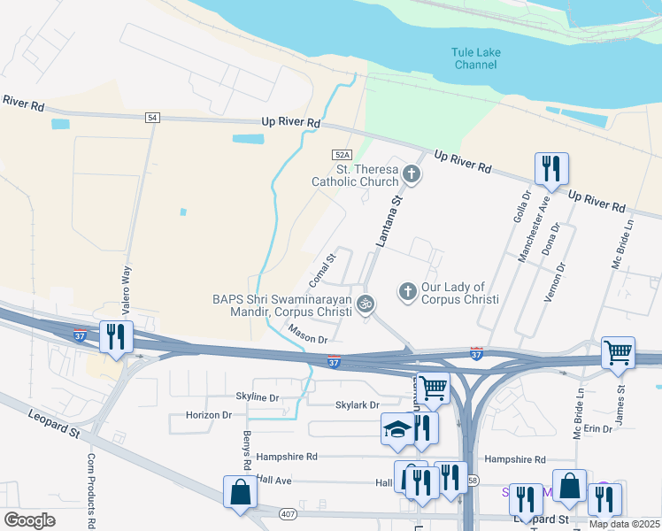 map of restaurants, bars, coffee shops, grocery stores, and more near 1110 Comal Street in Corpus Christi