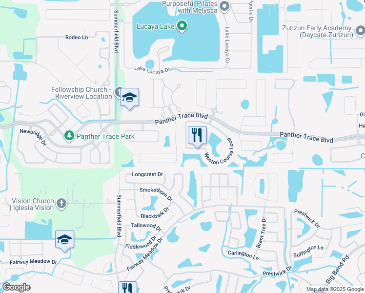 map of restaurants, bars, coffee shops, grocery stores, and more near 11457 Weston Course Loop in Riverview