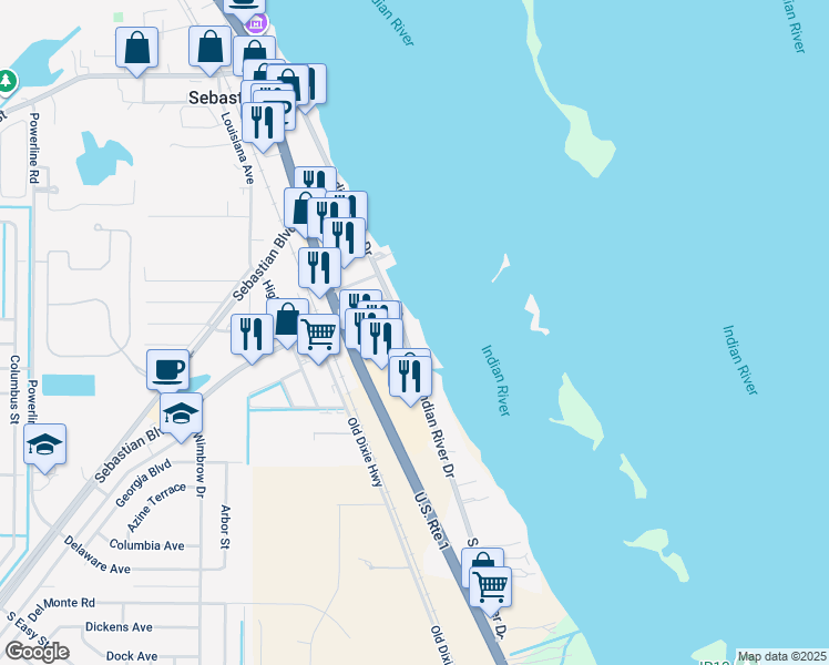 map of restaurants, bars, coffee shops, grocery stores, and more near 516 Indian River Drive in Sebastian