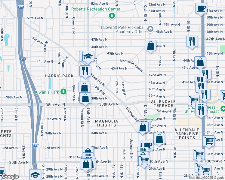 map of restaurants, bars, coffee shops, grocery stores, and more near 3911 Haines Rd N in St Petersburg