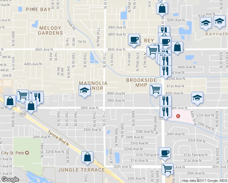 map of restaurants, bars, coffee shops, grocery stores, and more near 6997 40th Avenue North in Saint Petersburg