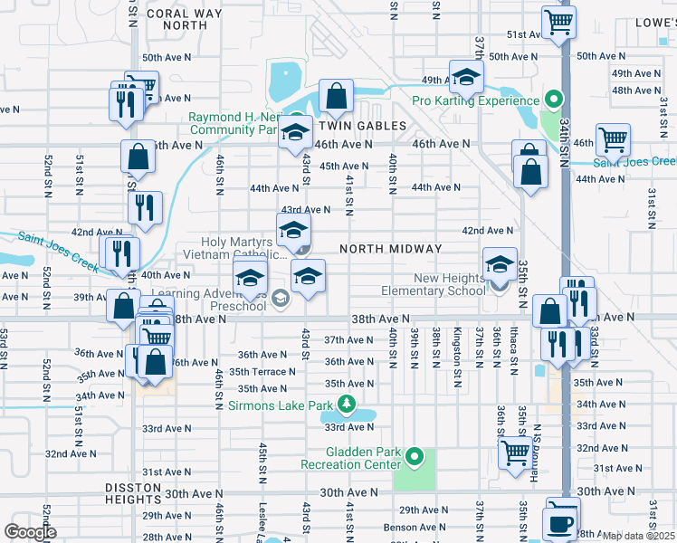 map of restaurants, bars, coffee shops, grocery stores, and more near 4137 40th Avenue North in St. Petersburg