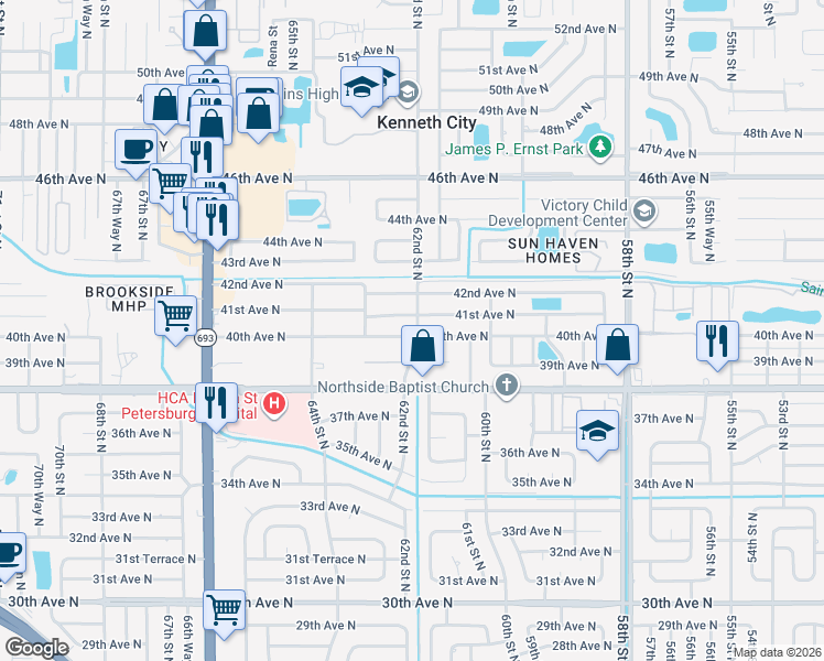 map of restaurants, bars, coffee shops, grocery stores, and more near 6201 40th Avenue North in Saint Petersburg