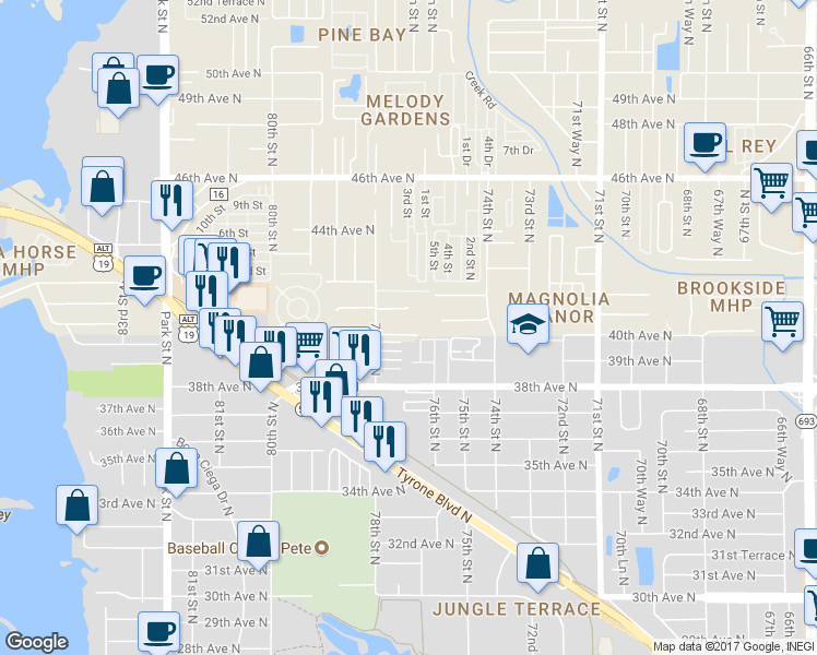 map of restaurants, bars, coffee shops, grocery stores, and more near 7639 40th Avenue North in Saint Petersburg