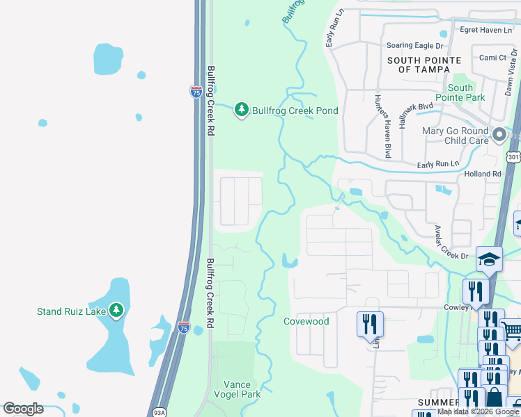 map of restaurants, bars, coffee shops, grocery stores, and more near 12607 Flatwood Creek Drive in Gibsonton